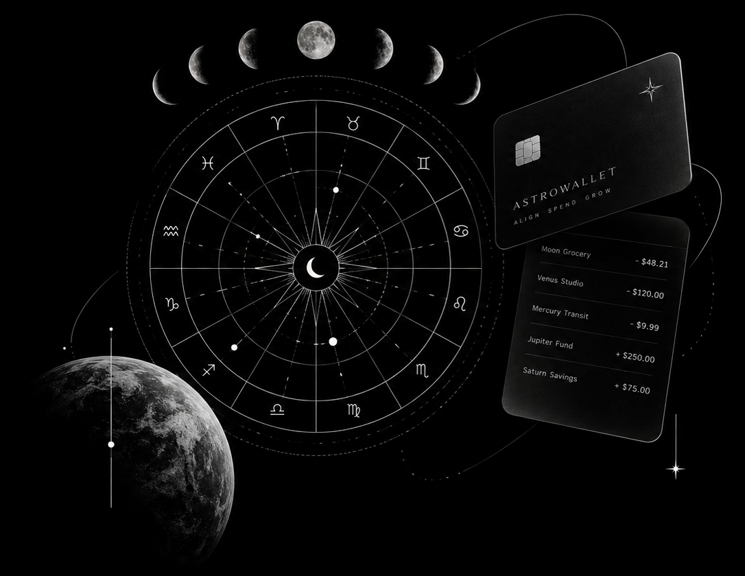 A celestial birth chart surrounded by moon phases, Earth, and an AstroWallet card